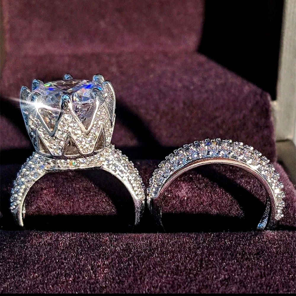 LUXURY 925 DIAMOND WEDDING RING STERLING SILVER SET